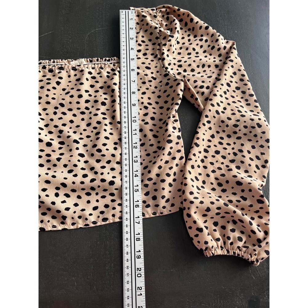 Tan Black Dalmation Spot Print Square Neck Smocked Crop Top Long Sleeve‎ Large - Picture 5 of 6